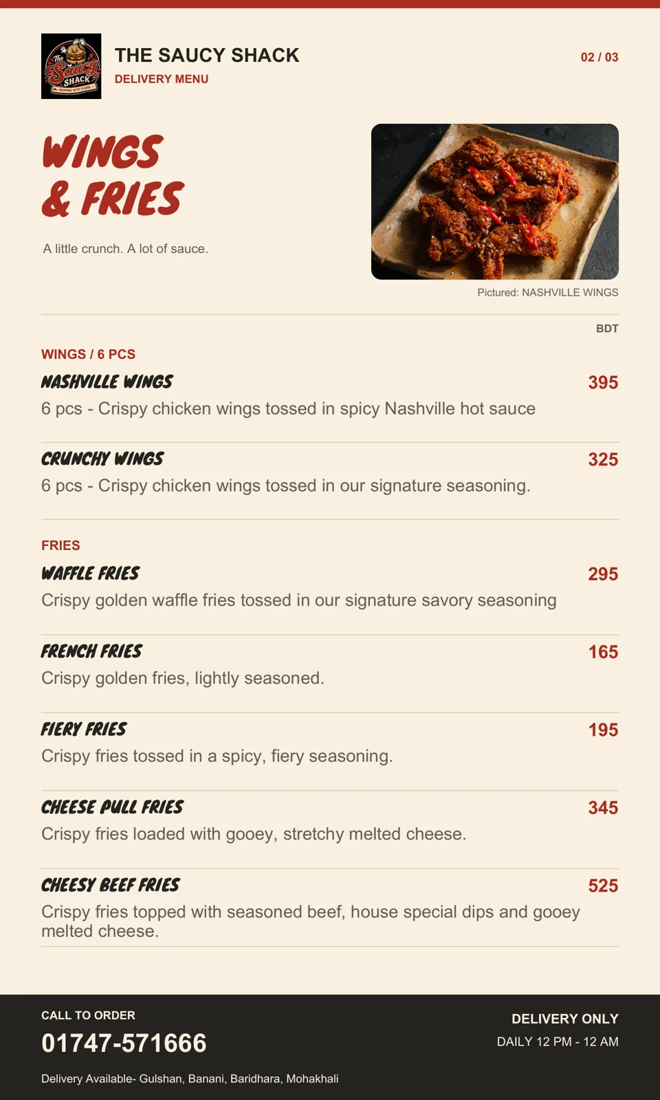 Mobile menu: wings and fries, The Saucy Shack